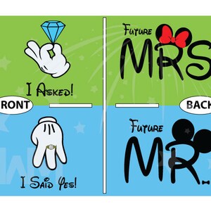 May include: Two t-shirts with a green and blue background. The front of the shirts feature a cartoon hand with a ring. The back of the shirts feature a cartoon Mickey Mouse head with the text "Future Mrs." and "Future Mr."