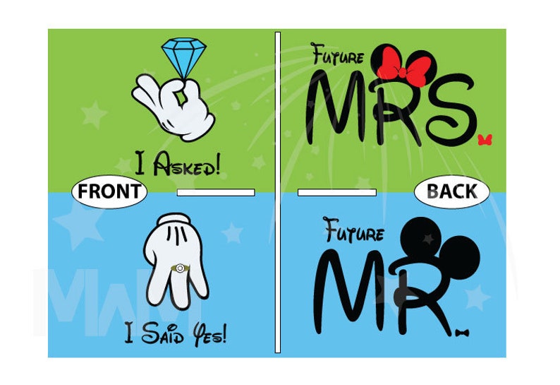May include: Two t-shirts with a green and blue background. The front of the shirts feature a cartoon hand with a ring. The back of the shirts feature a cartoon Mickey Mouse head with the text "Future Mrs." and "Future Mr."