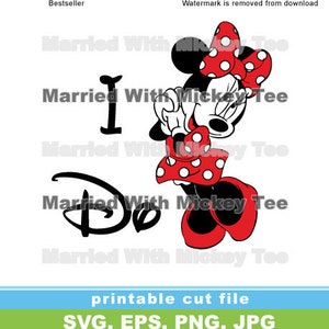 May include: Black and white illustration of a cartoon Minnie Mouse with a red polka dot dress and bow. The text "I Do" is written in a stylized font with a black outline.
