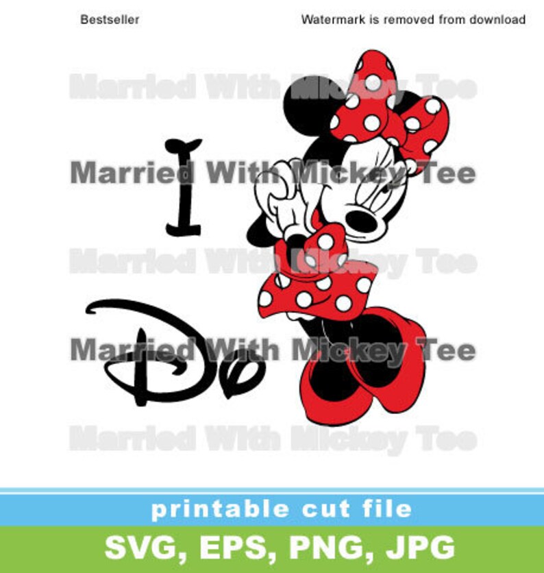May include: Black and white illustration of a cartoon Minnie Mouse with a red polka dot dress and bow. The text "I Do" is written in a stylized font with a black outline.