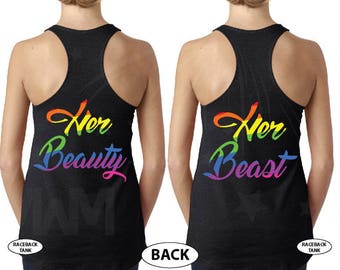 LGBT Lesbians matching tees Beast with lion scratch rainbow colors Beauty cute rainbow lips cute women tank tops store bi homesexual