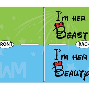 May include: Two light blue and green t-shirts with a black and red graphic design. The front of the shirt says "I'm her Beauty" and the back says "I'm her Beast".