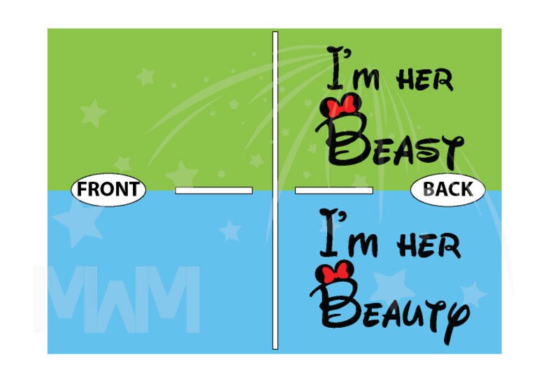 May include: Two light blue and green t-shirts with a black and red graphic design. The front of the shirt says "I'm her Beauty" and the back says "I'm her Beast".
