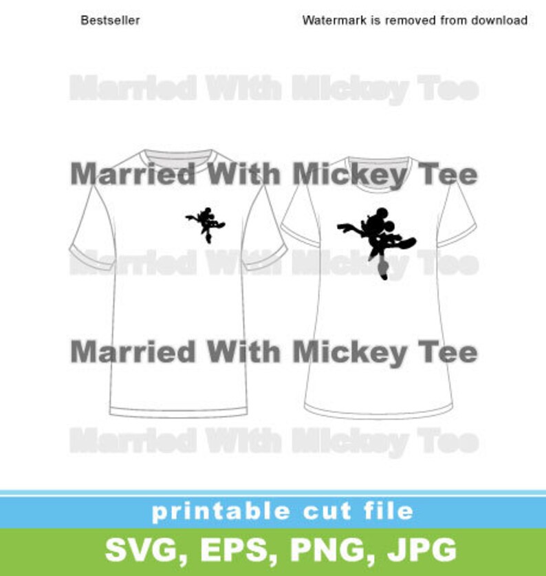 Pu&ograve; includere: Un file di taglio stampabile con il design di due t-shirt con il testo "Married With Mickey Tee" e una silhouette di Topolino. Il design &egrave; disponibile nei formati SVG, EPS, PNG e JPG.