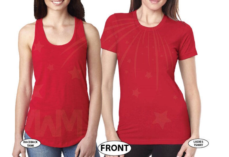 May include: Two red shirts with a starburst design. The shirt on the left is a tank top and the shirt on the right is a t-shirt.