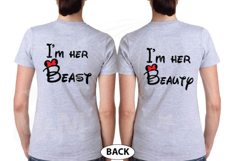 May include: Two gray t-shirts with black text and a red bow. The text on the left shirt reads "I'm her Beast" and the text on the right shirt reads "I'm her Beauty".