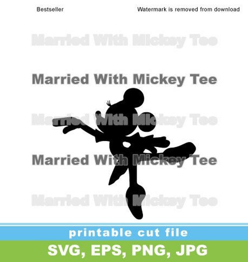 Pu&ograve; includere: Silhouette nera di Topolino in una posa di danza. L'immagine include il testo "Married With Mickey Tee" e "file di taglio stampabile SVG, EPS, PNG, JPG".