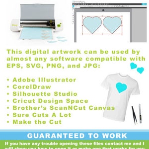 May include: A digital artwork of two blue hearts, compatible with various software programs including Adobe Illustrator, CorelDraw, Silhouette Studio, Cricut Design Space, Brother's ScanNCut Canvas, Sure Cuts A Lot, and Make the Cut. The image also shows a white t-shirt with a blue heart design.