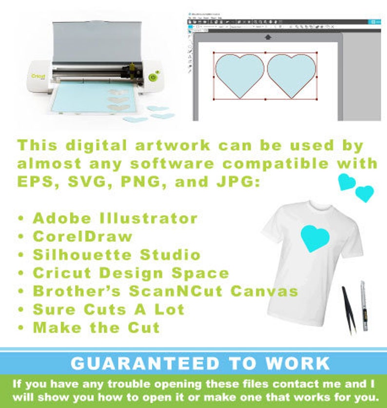 May include: A digital artwork of two blue hearts, compatible with various software programs including Adobe Illustrator, CorelDraw, Silhouette Studio, Cricut Design Space, Brother's ScanNCut Canvas, Sure Cuts A Lot, and Make the Cut. The image also shows a white t-shirt with a blue heart design.