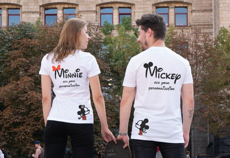 Discover printerval.com  Mickey and Minnie Mouse kissing matching couple shirts mix and match styles