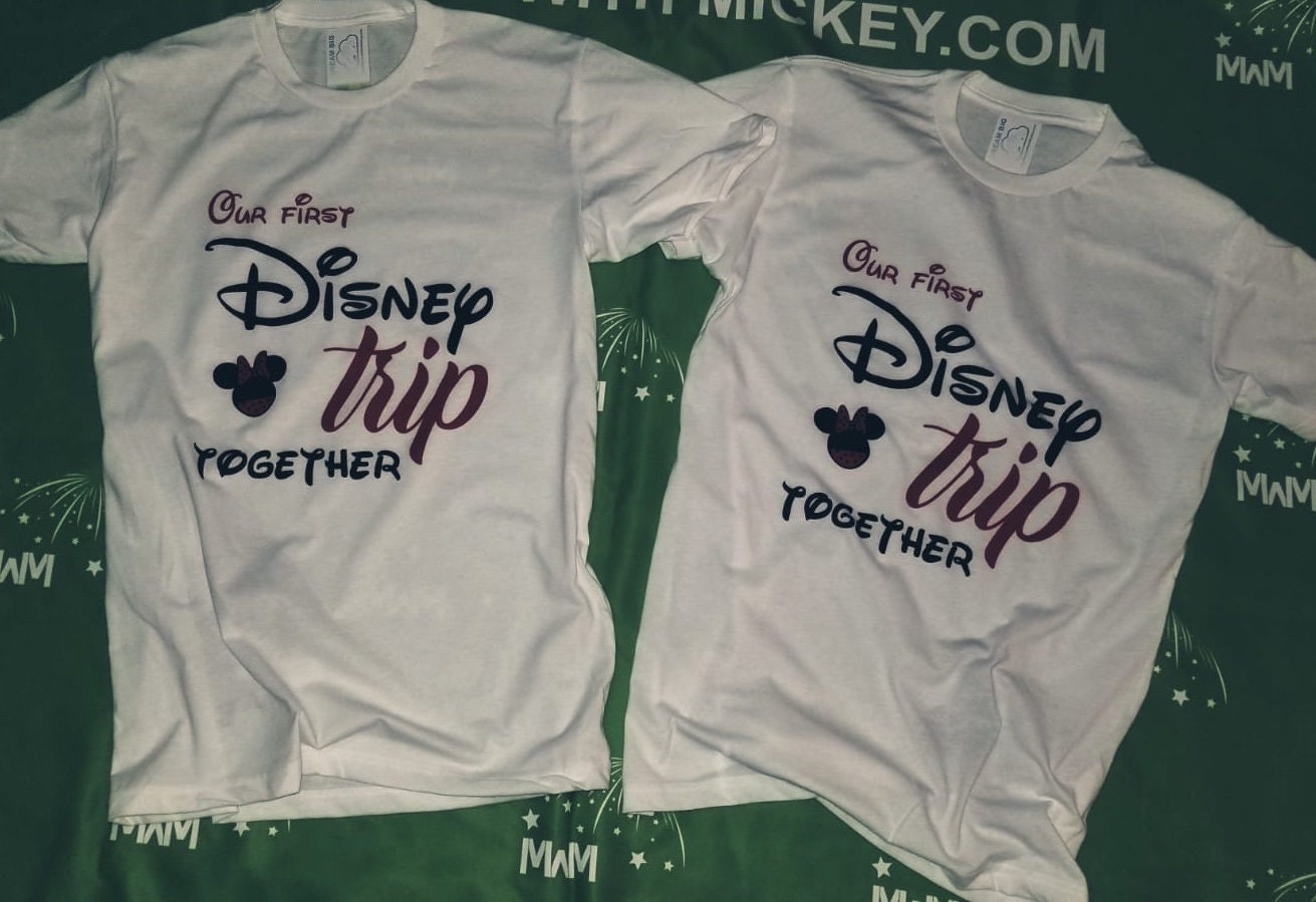 LGBTQ matching Lesbians couple shirts with mini Minnie Mouse cute kiss and Our first trip together moon honeymoon tanks