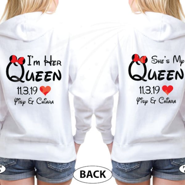 LGBT Lesbian custom matching gifts couples shirt for I'm Her Queen She's My Queen with names hearts and date anniversary girlfriend bisexual