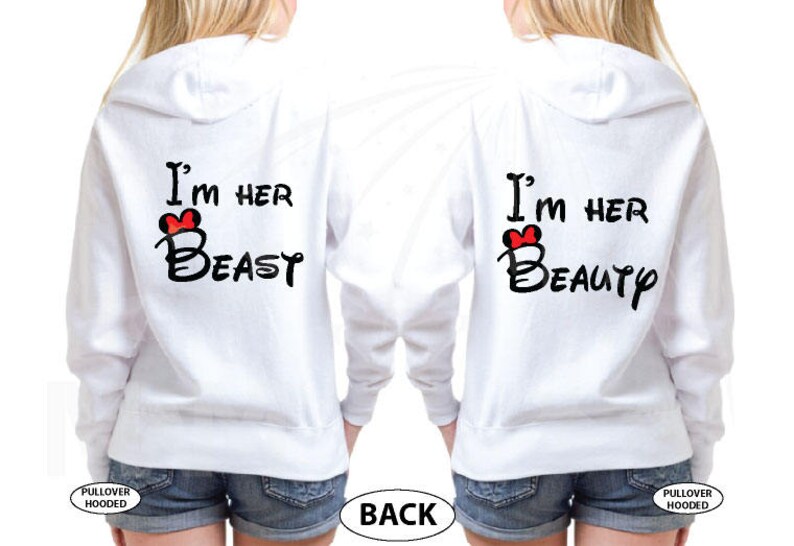 May include: Two white hooded sweatshirts with a red heart and text that reads "I'm her Beast" and "I'm her Beauty".