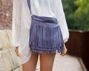 Handmade Suede Leather Fringe Crossbody Bag, Boho Style