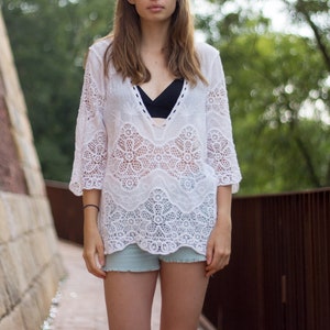 white lace shirt, boho shirt long, white crochet top, beach top white, white oversized top bohemian, boho clothing, white blouse embroidered