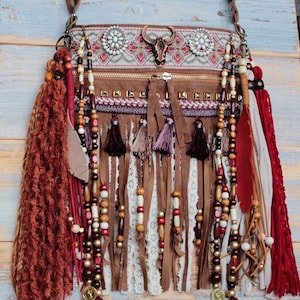 Western style boho bag with tassels, beaded suede fringe crossbody bag boho