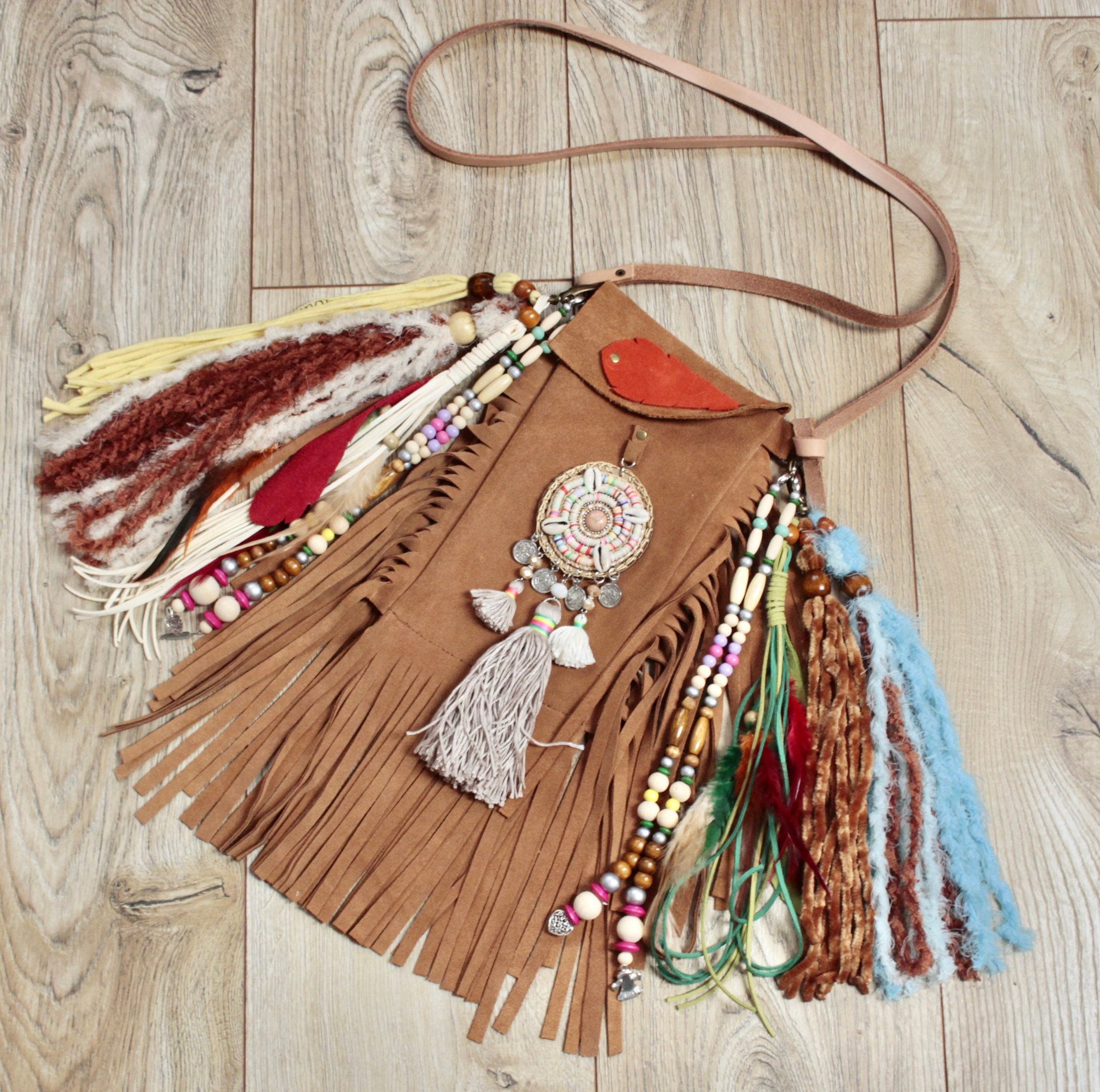 Small Boho Hippie Fringe Bag Small Beaded Tan Leather Bag 