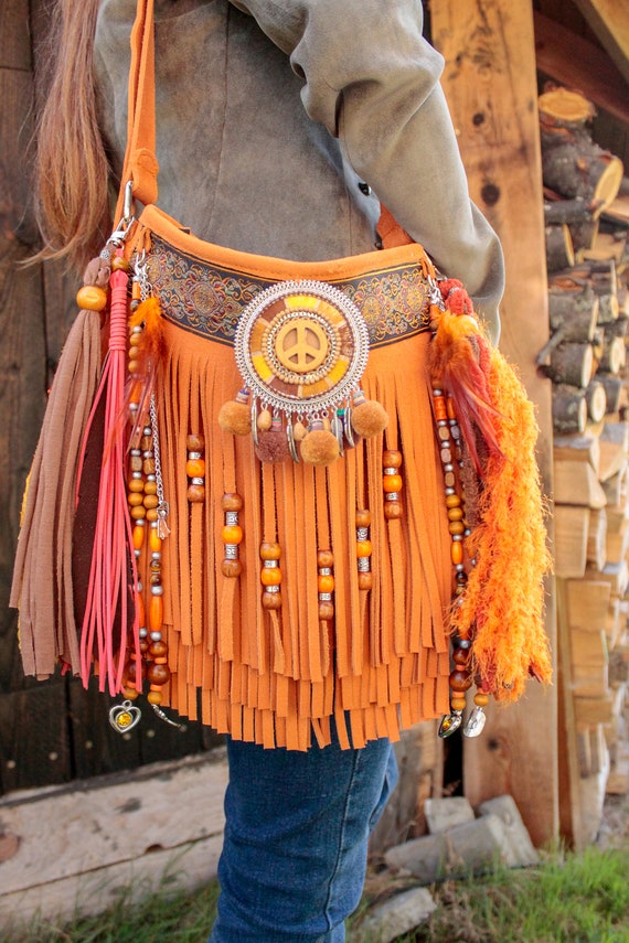 Colorful Leather Bag With Fringes Ibiza Boho Gypsy Bag 