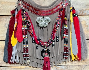 Embellished Suede Fringe Crossbody Bag – Boho Leather Purse