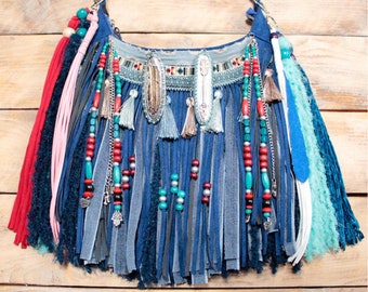 Colorful embellished crossbody bag, beaded bohemian bag