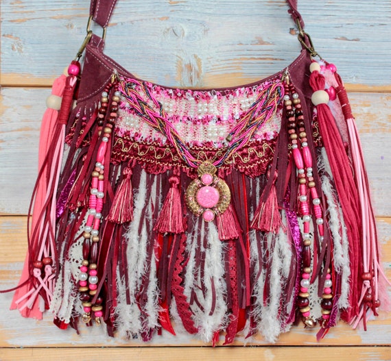 Boho Womens Red Leather Fringe Handbags Purse Small Shoulder Bag for Women, Red