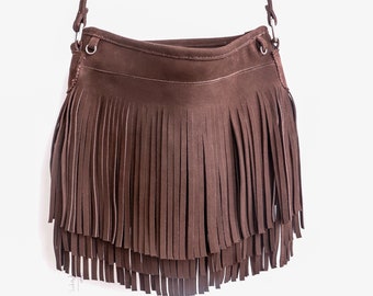 Handmade Suede Leather Fringe Crossbody Bag, Boho Style