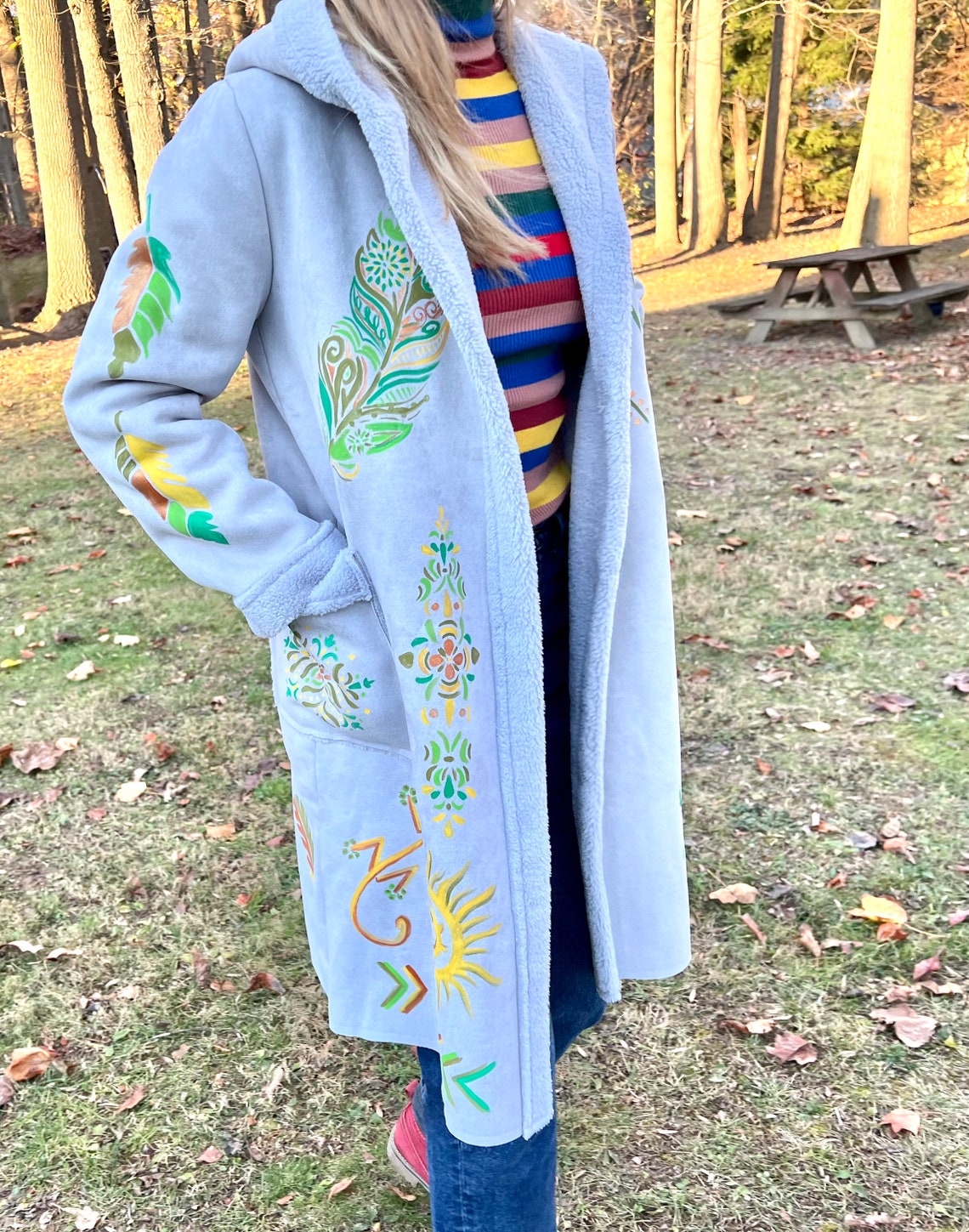 Long Boho Suede Winter Coat Hand Painted Bohemian Coat Etsy