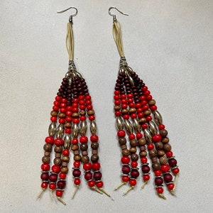 Colorful statement earrings, boho hippie festival hoop earrings, big colorful earrings with beads, red boho tribal earrings