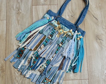 Sac fourre-tout en denim recyclé avec pompons et perles