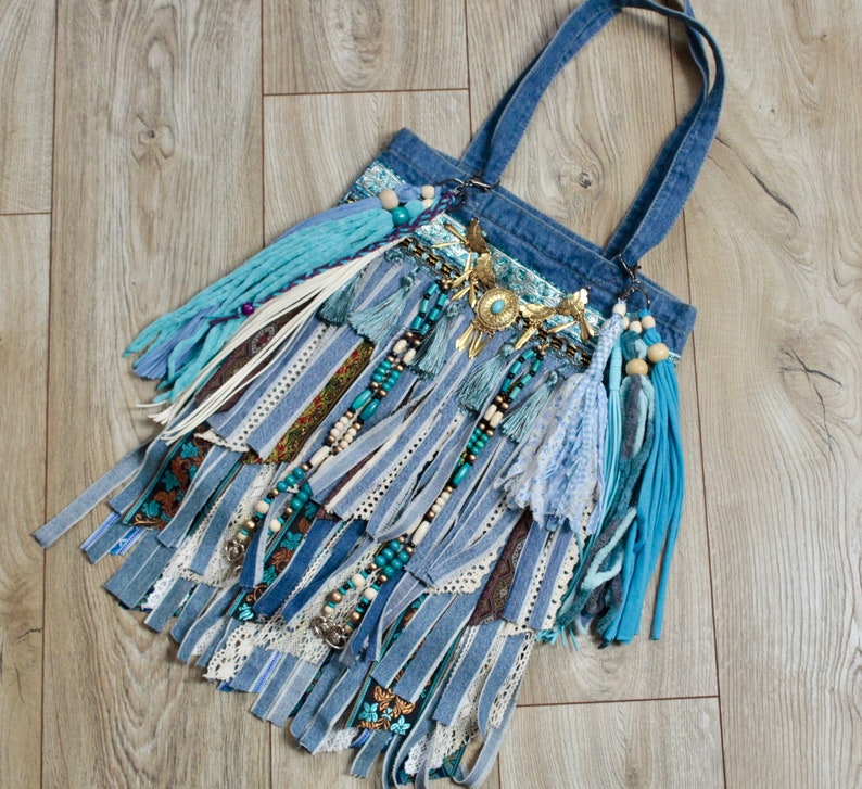 Denim Tote Bag With Zipper Colorful Upcycled Hippie Tote Etsy