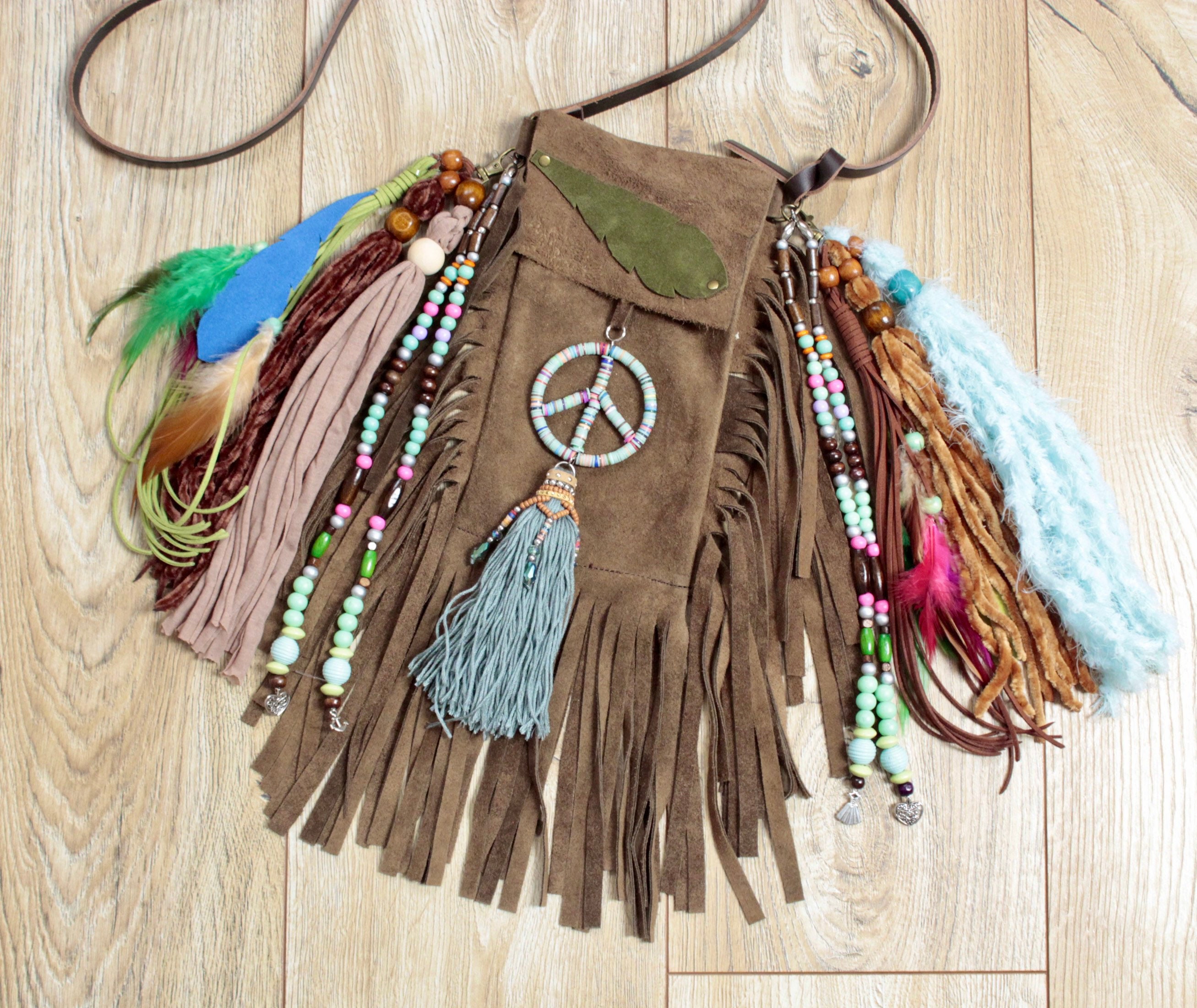 Small Boho Hippie Fringe Bag Small Beaded Tan Leather Bag 