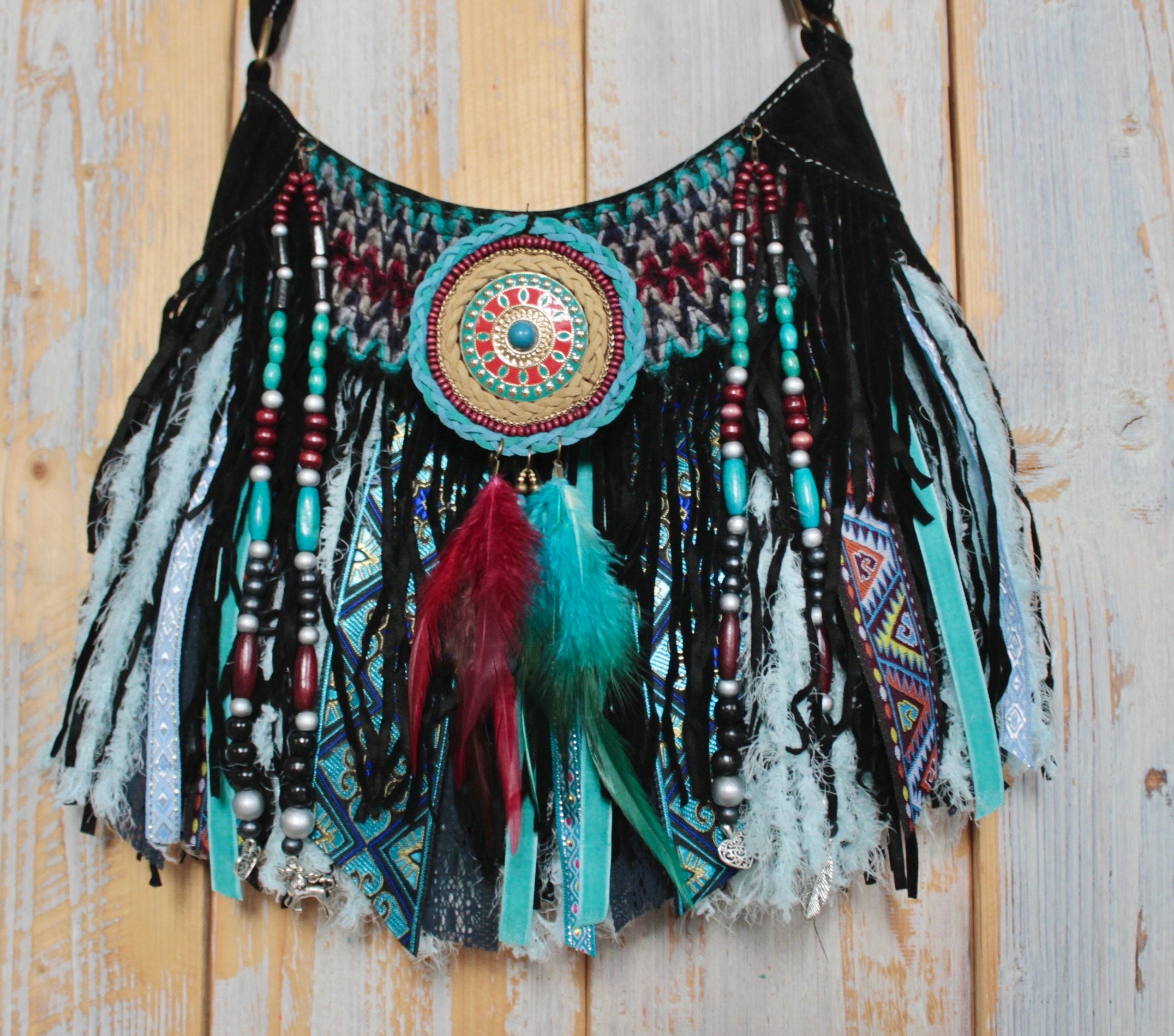 【AAKE】BOHEMIAN FRINGE BAG Black Velvet Fringe Boho Chic Purse With Turquoise Details