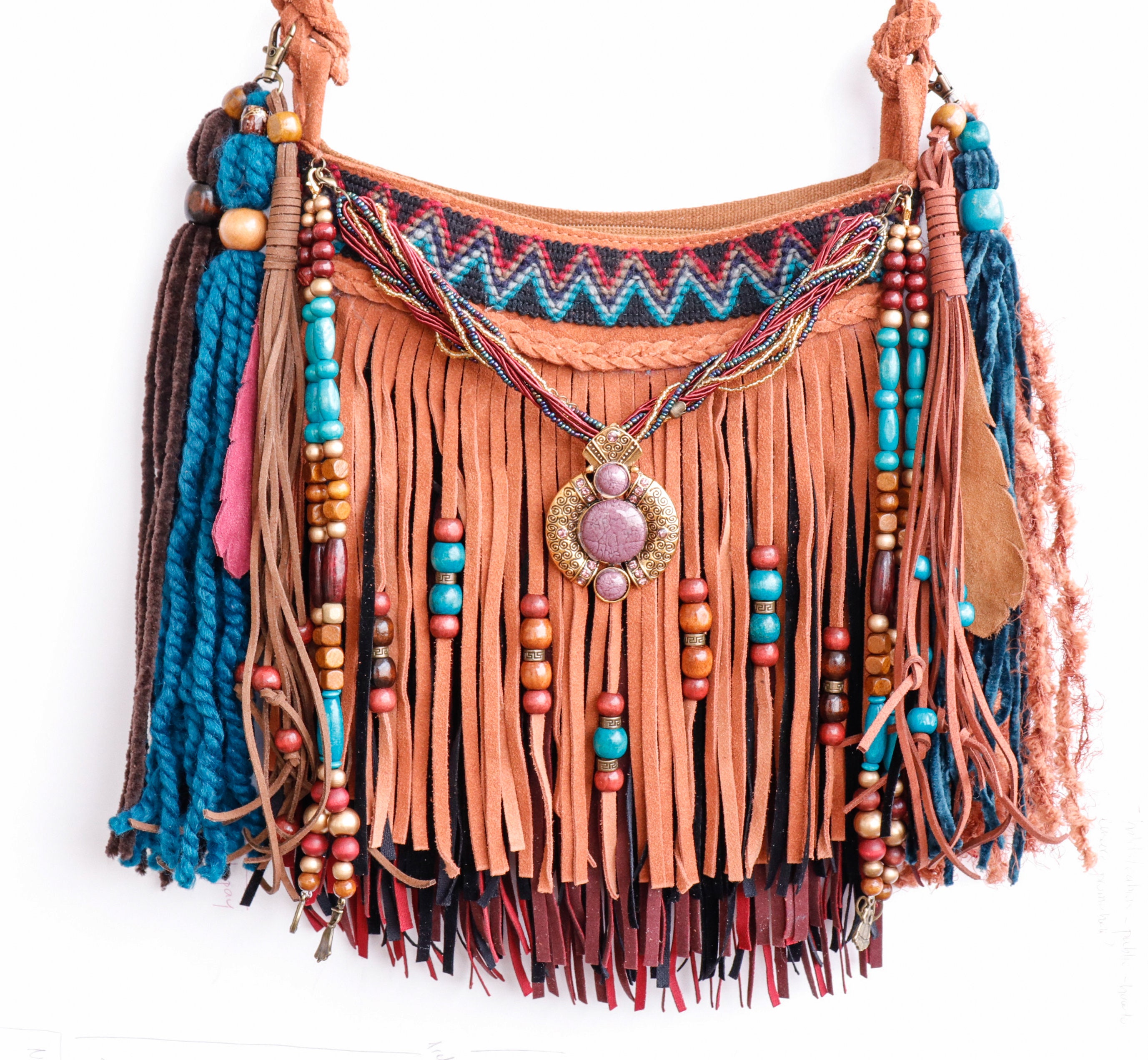 Small Boho Hippie Fringe Bag Small Beaded Tan Leather Bag 