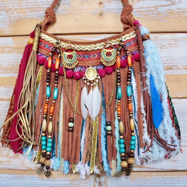 Small Boho hippie fringe bag, small beaded tan leather bag, colorful festival cross body bag, whimsical bohemian gypsy summer boho bag