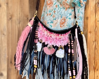 Handmade Vegan Suede Fringe Bag – Boho Crossbody with Jewelry Accents