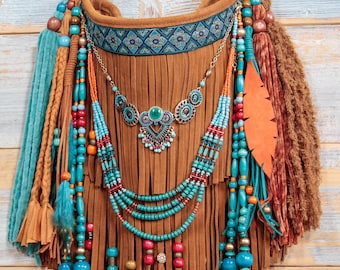 Bolso grande de piel con flecos, bolso de piel con flecos y cuentas estilo suroeste, bolsos y carteras bohemios