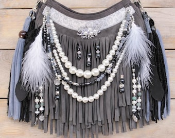 Leather Fringe Crossbody Bag, Boho Hippie Style