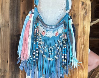Colorful embellished crossbody bag, beaded bohemian bag