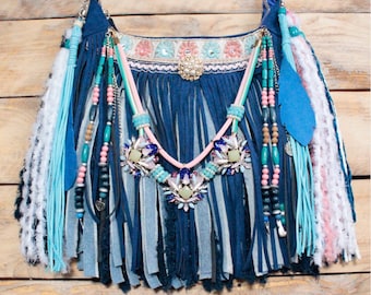Colorful embellished crossbody bag, beaded bohemian bag