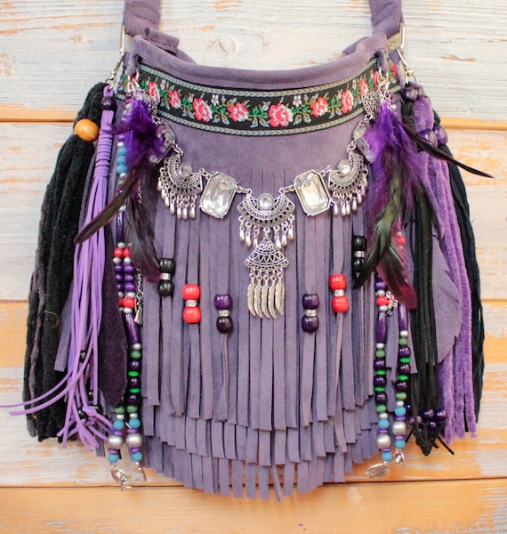 Embellished Leather Fringe Bag, Bohemian Style Fringed Bag, hadncrafted Beaded Leather Bag, Aliso Bay Purse