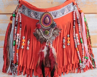 Colorful Boho Leather Sling Bag - Rainbow Fringe Crossbody Saddle Bag with Embellishments - Handmade Summer Purse