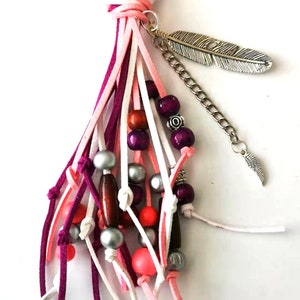 pink tassel with feathers and charms, colorful tassel, purse tassel, backpack tassel, bohemian accessories, boho hippie tassel
