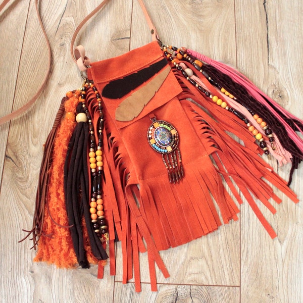 Travel cell phone bag Boho Chic Style, Whimsical Fringed Sling Bag