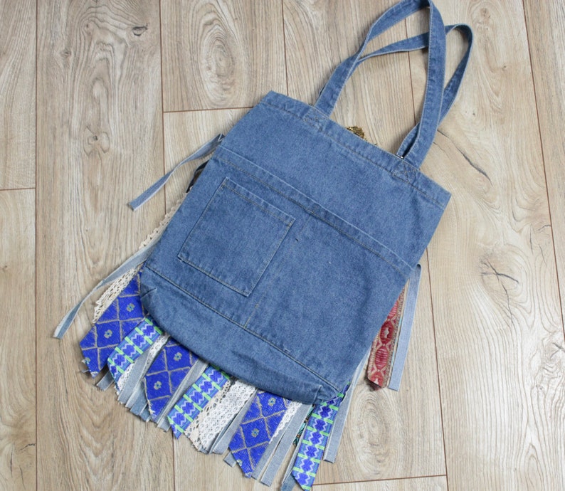 Denim Tote Bag With Zipper Colorful Upcycled Hippie Tote Etsy