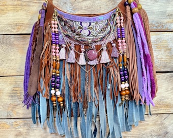 Fringed Suede Crossbody Bag, Embellished Boho Hippie Purse