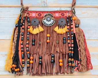 Fringed Suede Leather Boho Crossbody Bag, Beaded Hippie Purse