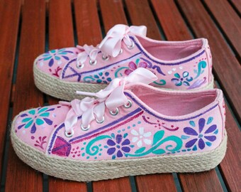 Hand-Painted Pink Floral Espadrille Platform Shoes, Bohemian Style (Size 36 EU)