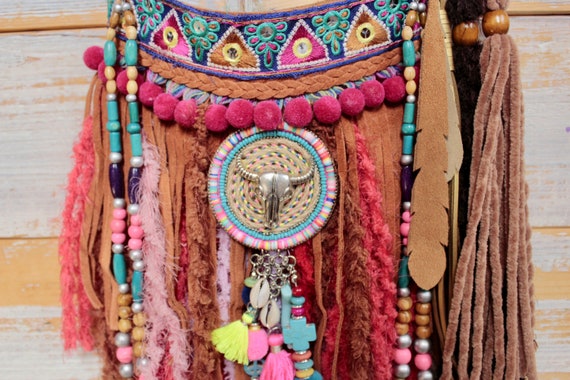 Small Boho Hippie Fringe Bag, Small Beaded Tan Leather Bag