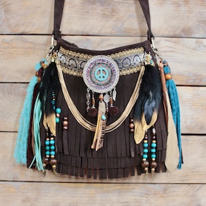Leather fringe bag, embellished crossbody boho hippie bag