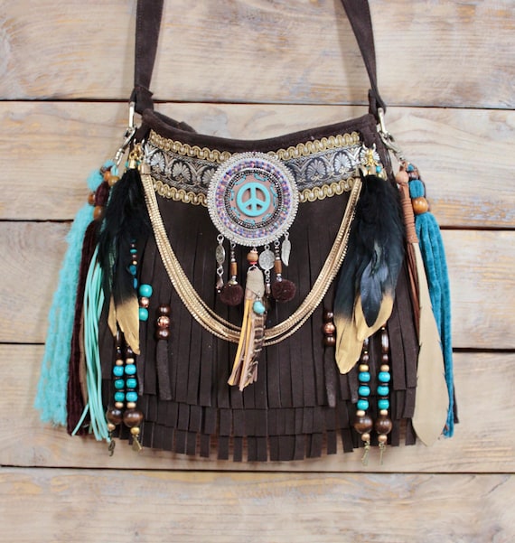 Bolso de piel con flecos, bandolera boho hippie adornada España